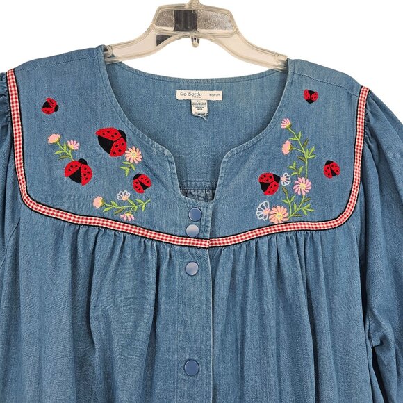 Go Softly Chambray Ladybug Embroidered Patio Dress 2X Snap Front Boho Relaxed - Picture 3 of 11